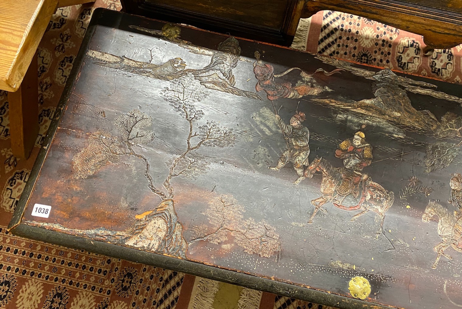 A Chinese painted coffer, width 130cm, depth 51cm, height 54cm